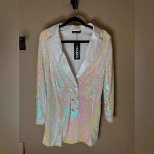 NWT Boohoo Iridescent White Sequin Blazer Dress US 4 Sparkle Party Mini Tux